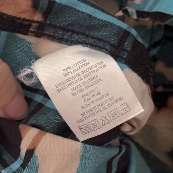 Y2K Western POINT ZERO Cher 2005 Acid Washed Blue Tan Plaid Button Down Shirt M - Picture 9 of 10